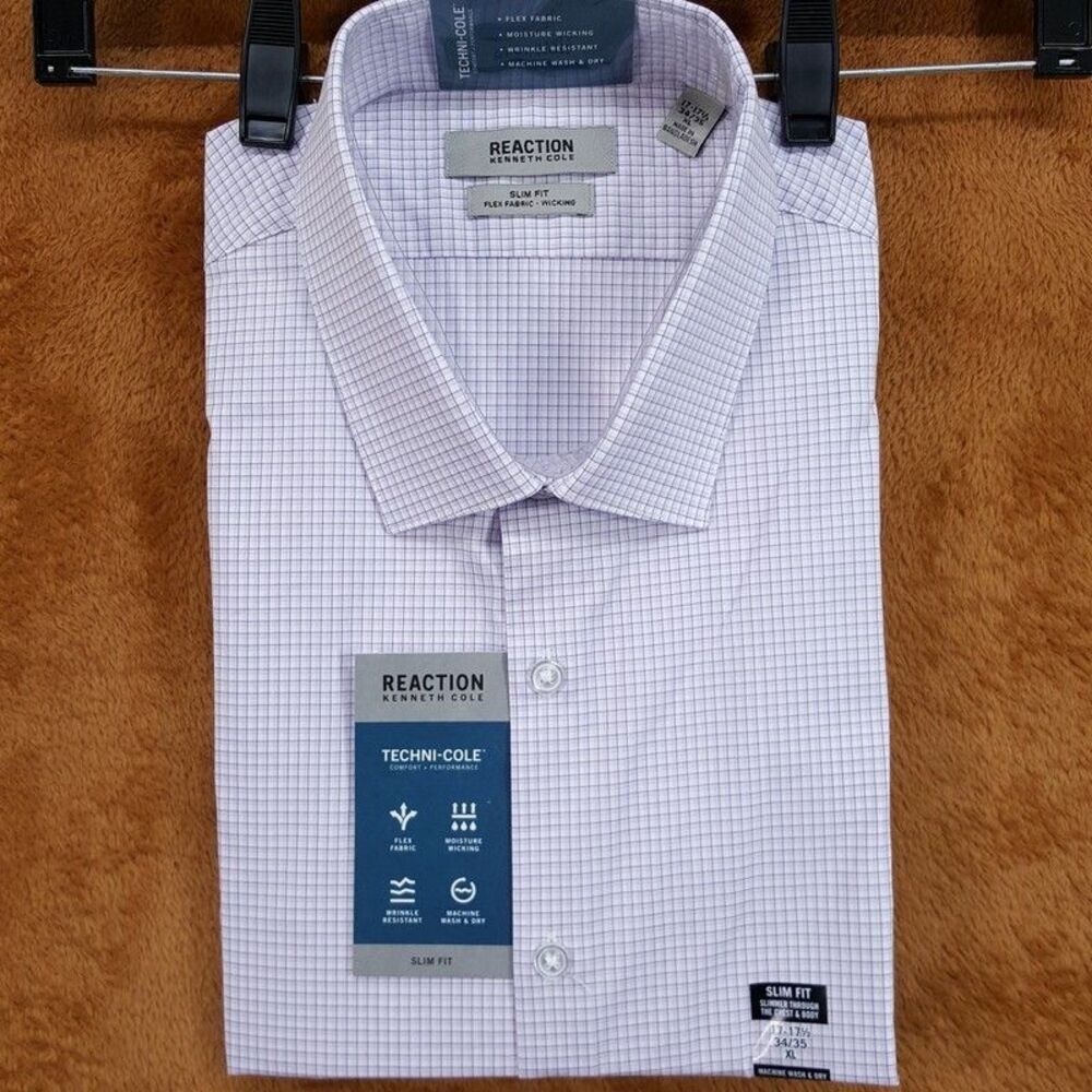 Kenneth Cole Dress Shirt Mens 17 17.5 34 35 Purple Check Slim Fit Stretch